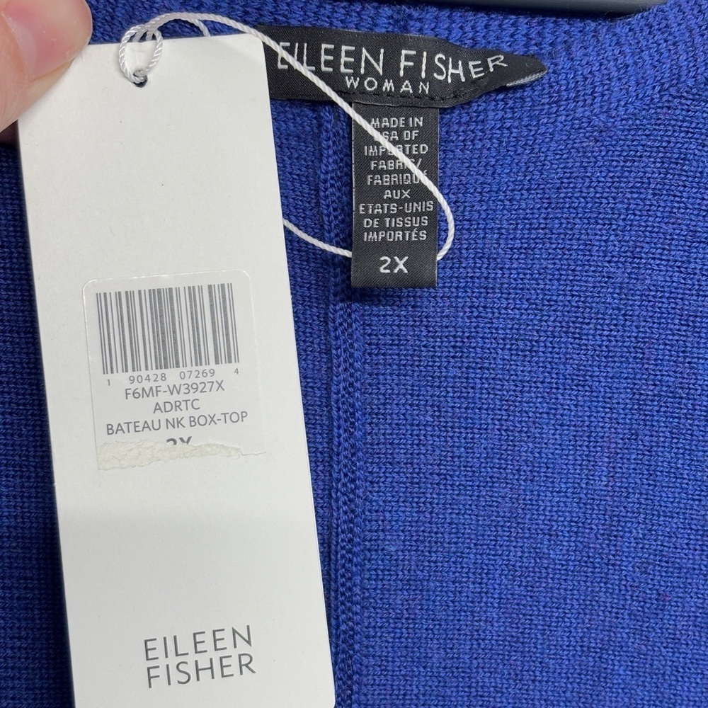 NWT Eileen Fisher Bateau Neck Box Top 100% Merino Wool 2X Blue Tunic Step Hem - Picture 3 of 7